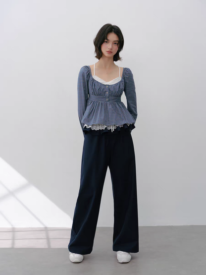 Narrator. Original Design Lace Trim Elastic Waist Wide Pants