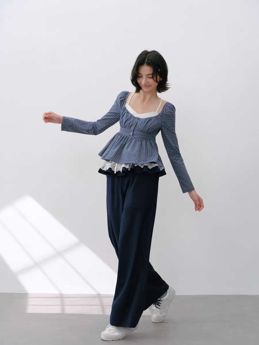 Narrator. Original Design Lace Trim Elastic Waist Wide Pants