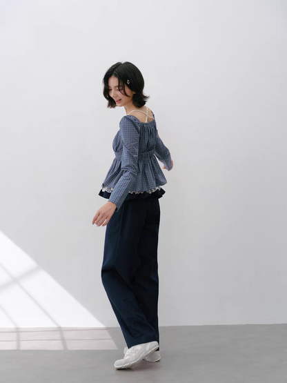 Narrator. Original Design Lace Trim Elastic Waist Wide Pants