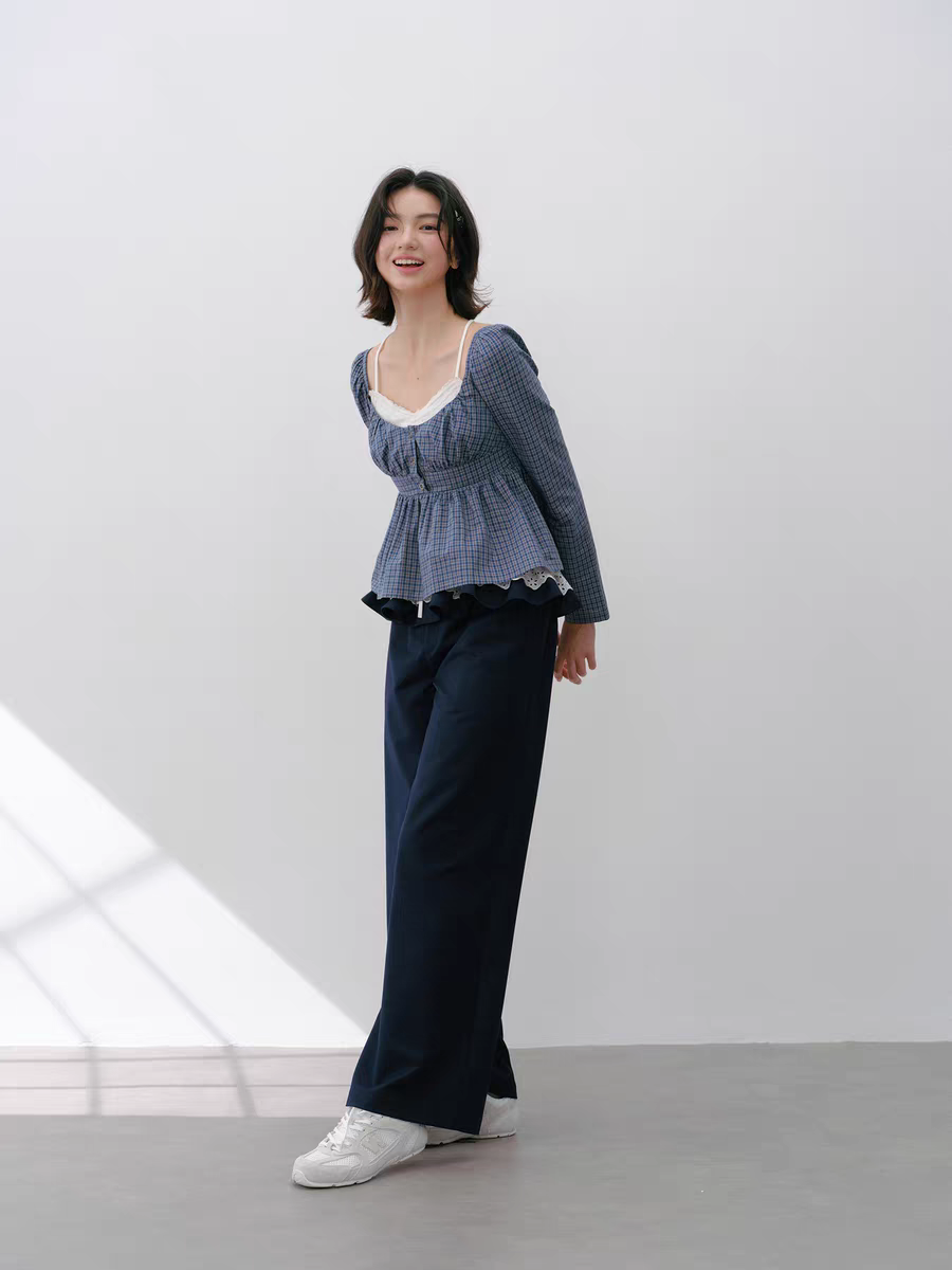 Narrator. Original Design Lace Trim Elastic Waist Wide Pants