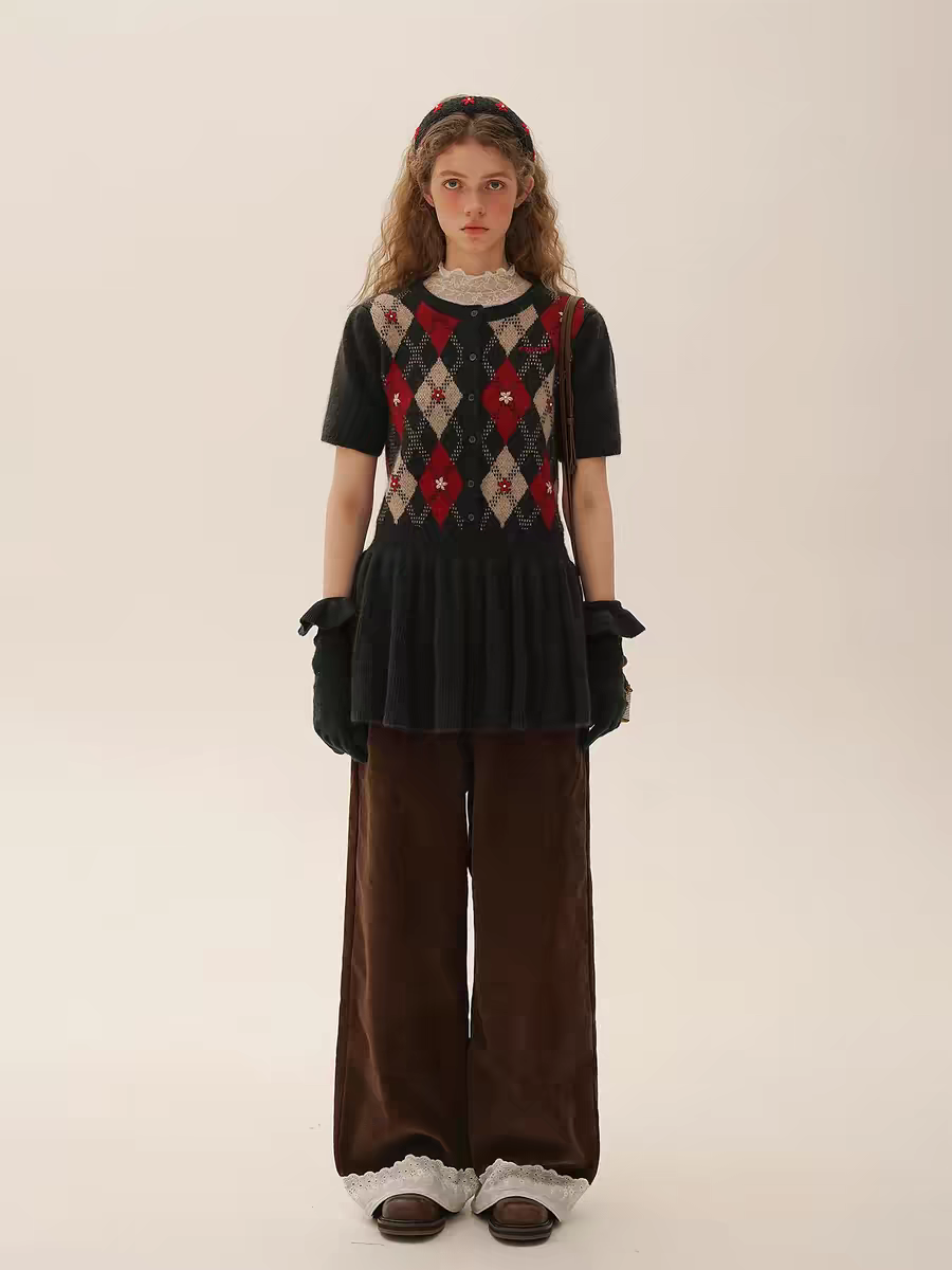 Moromoro. Original Design Diamond Pattern Hand-Embroidered Knit Dress