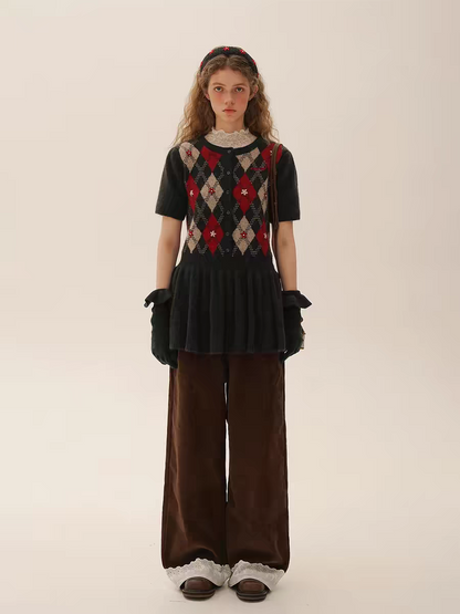 Moromoro. Original Design Diamond Pattern Hand-Embroidered Knit Dress