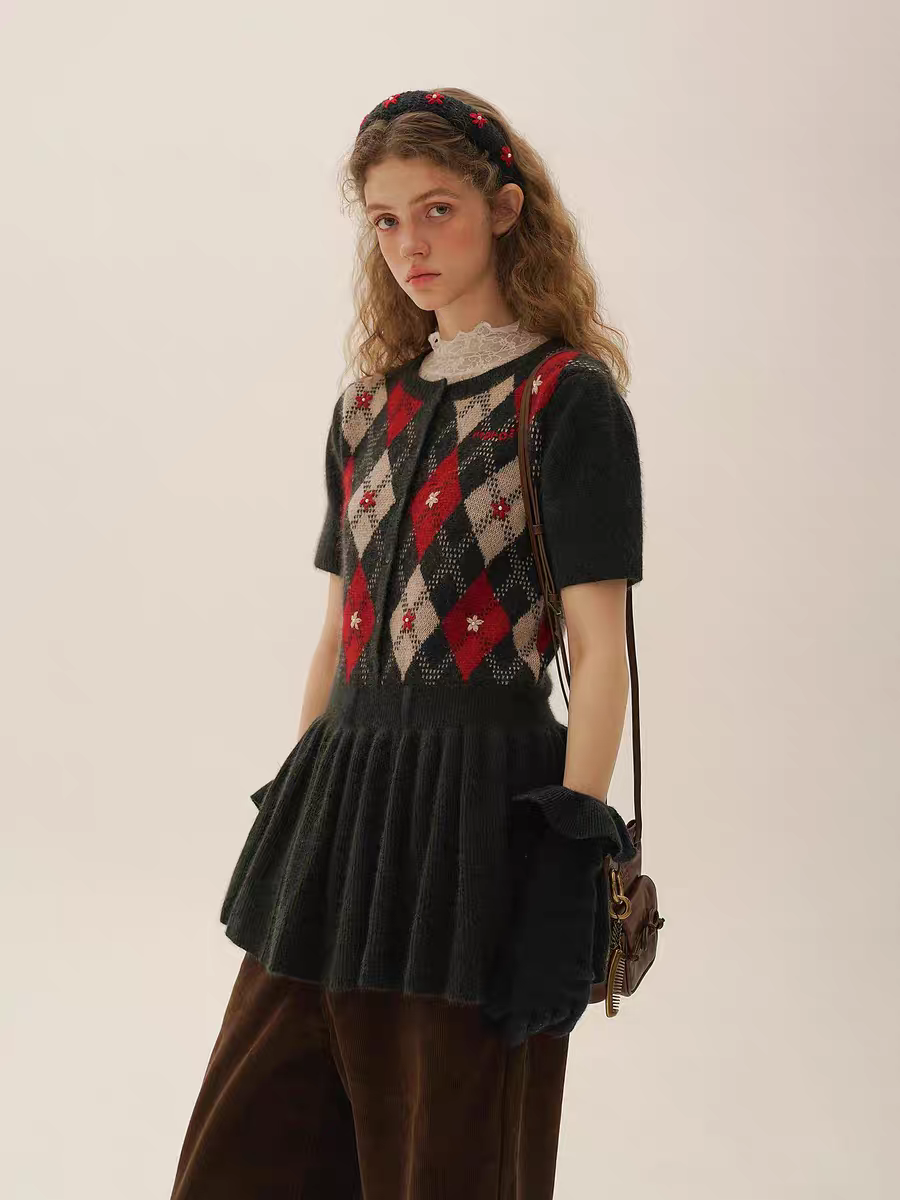 Moromoro. Original Design Diamond Pattern Hand-Embroidered Knit Dress