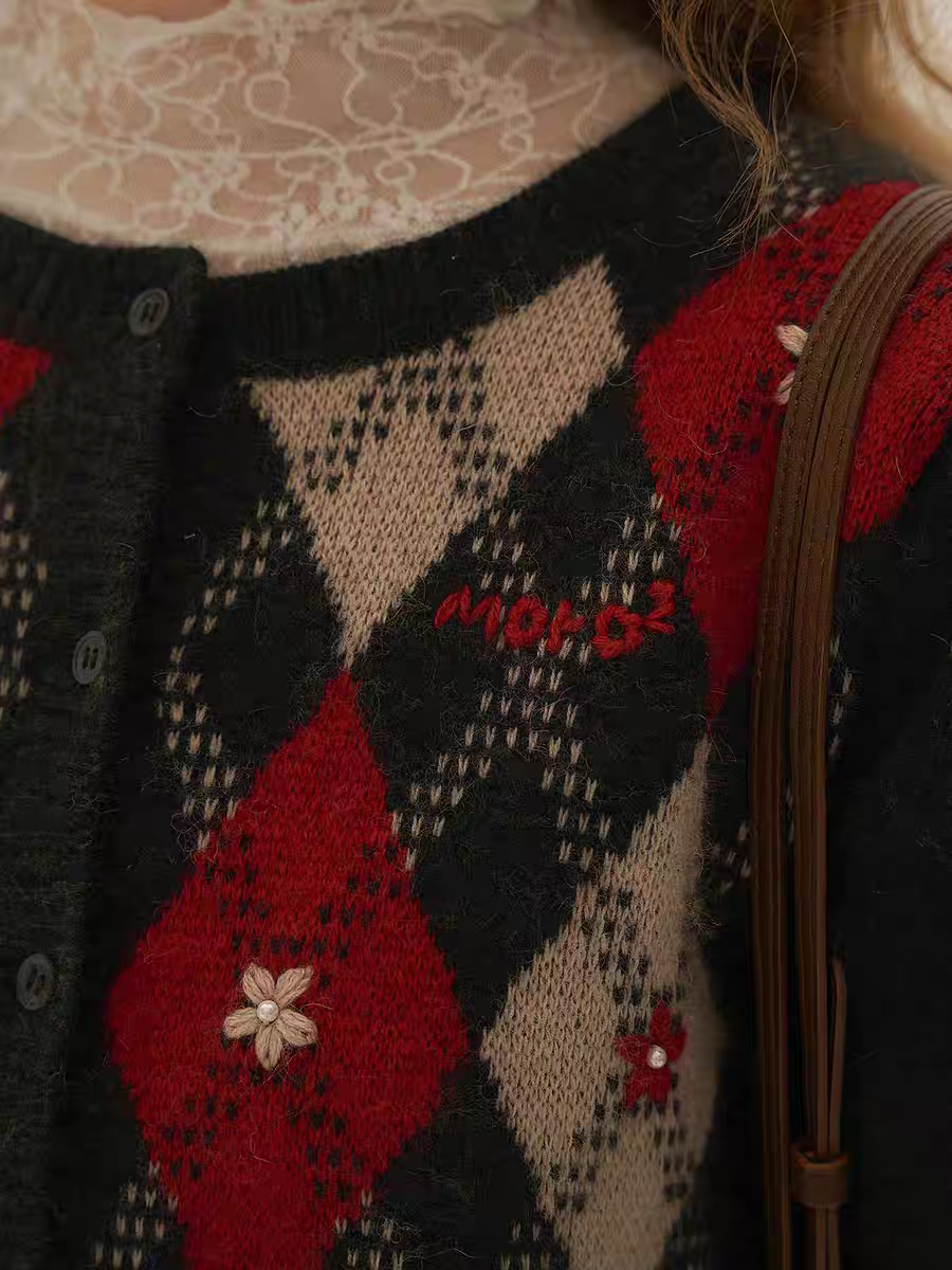 Moromoro. Original Design Diamond Pattern Hand-Embroidered Knit Dress