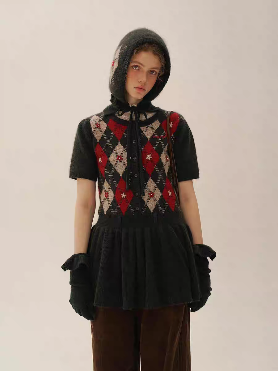 Moromoro. Original Design Diamond Pattern Hand-Embroidered Knit Dress