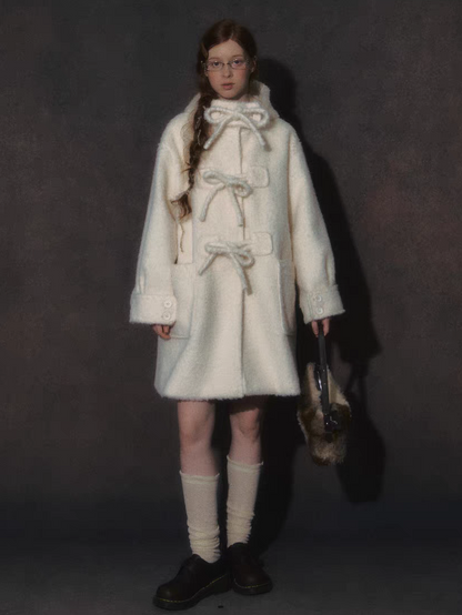 LOLOL. Original Design Hood Long Wool Coat with Bow Buttons
