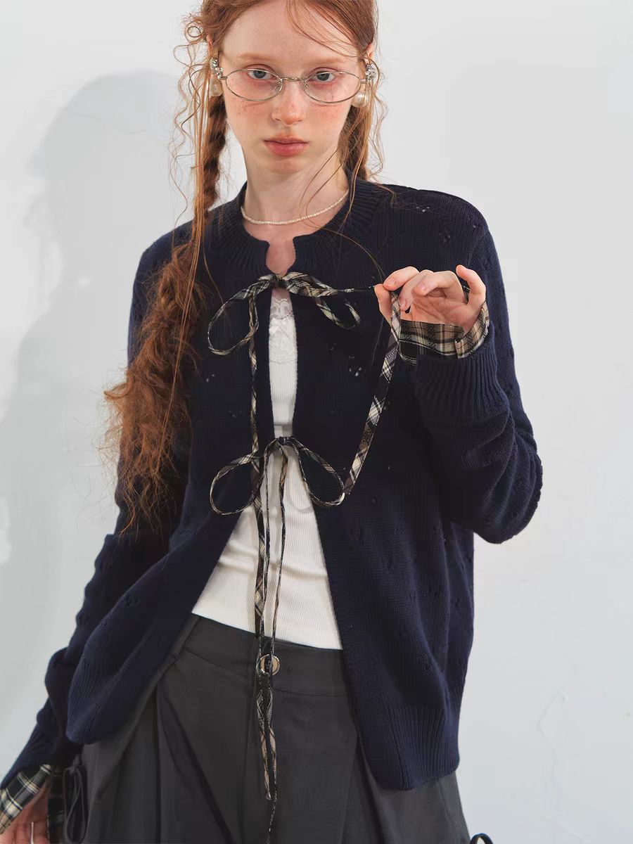 SOMESOWE. Original Design Vintage Plaid Tie Cardigan
