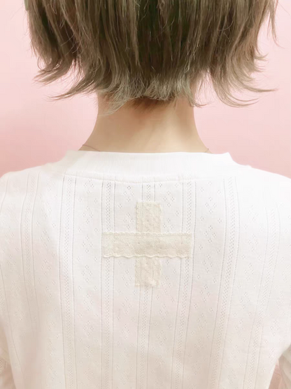 Cherrywine. Original Design Cookie Bear Print Lace Patchwork Knit Long Sleeve Top