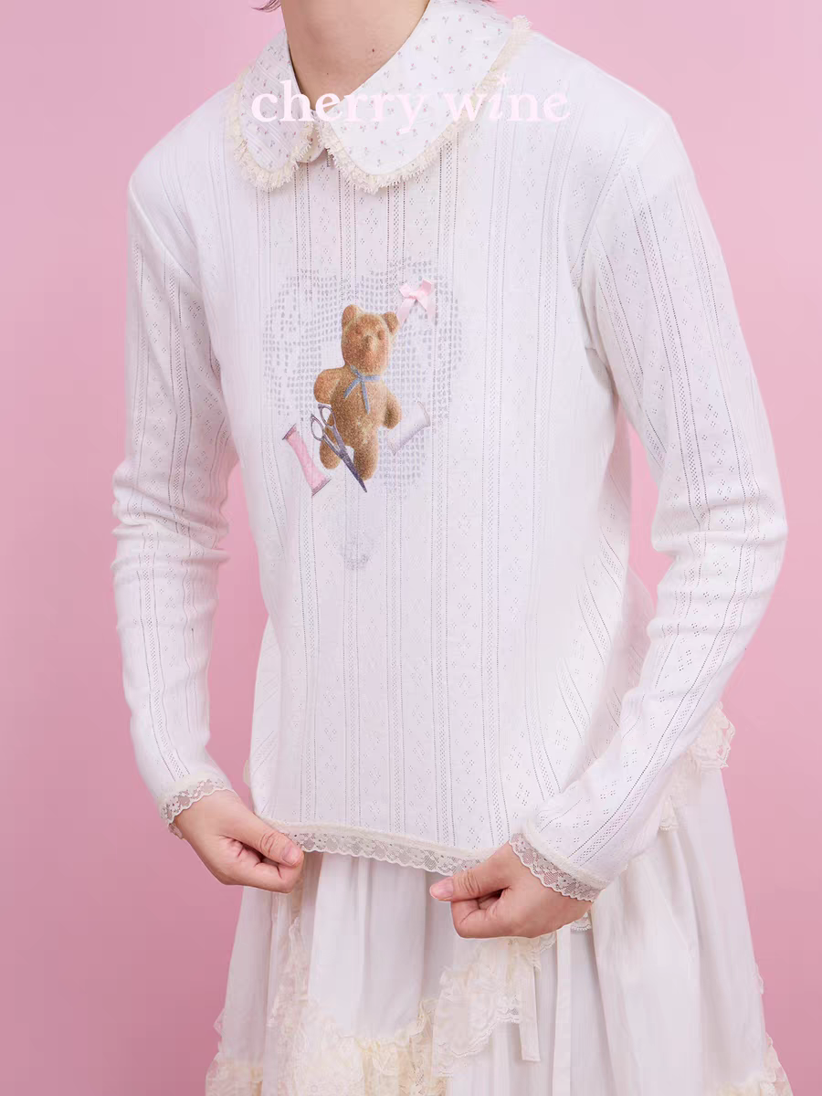 Cherrywine. Original Design Cookie Bear Print Lace Patchwork Knit Long Sleeve Top