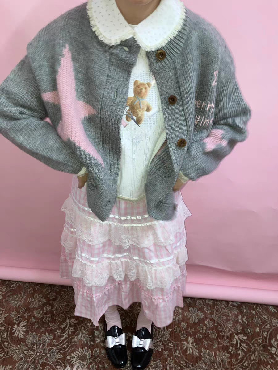 Cherrywine. Original Design Cookie Bear Print Lace Patchwork Knit Long Sleeve Top