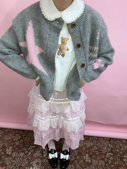 Cherrywine. Original Design Cookie Bear Print Lace Patchwork Knit Long Sleeve Top