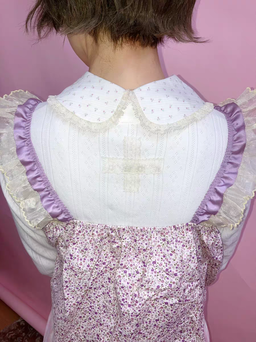 Cherrywine. Original Design Cookie Bear Print Lace Patchwork Knit Long Sleeve Top