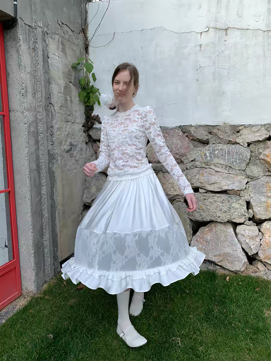 SOOMIE. Original Design White Lace Patchwork Puff Skirt