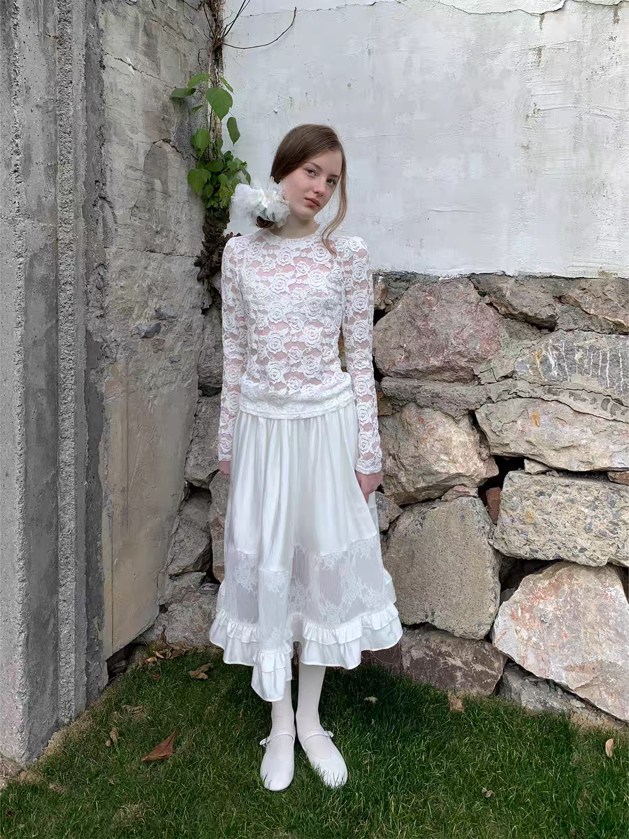 SOOMIE. Original Design White Lace Patchwork Puff Skirt