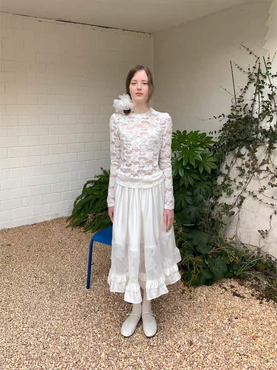 SOOMIE. Original Design White Lace Patchwork Puff Skirt