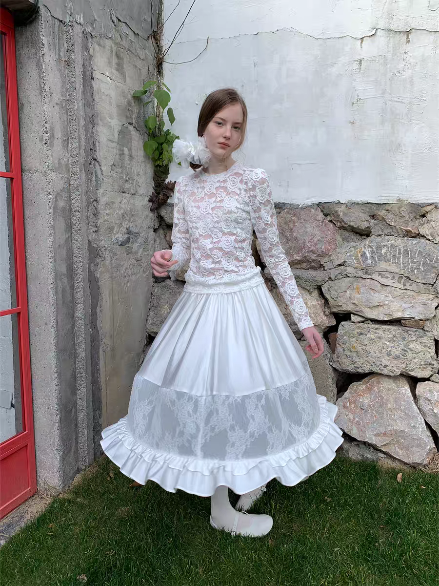 SOOMIE. Original Design White Lace Patchwork Puff Skirt