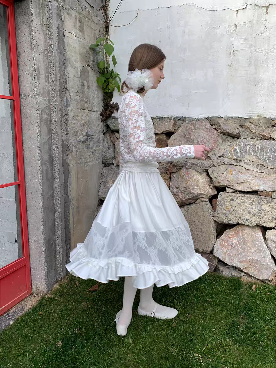 SOOMIE. Original Design White Lace Patchwork Puff Skirt