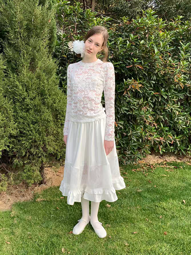 SOOMIE. Original Design White Lace Patchwork Puff Skirt