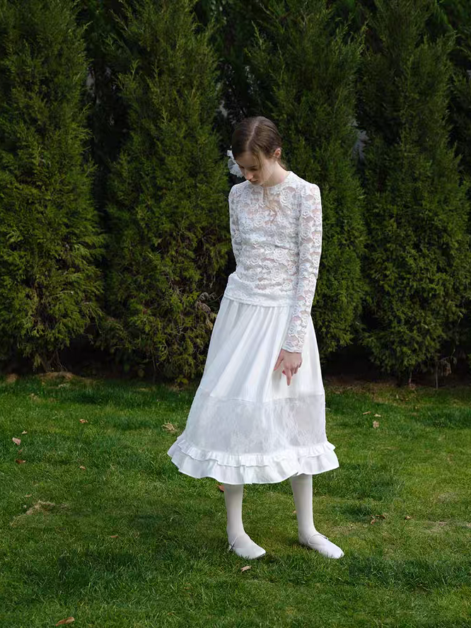 SOOMIE. Original Design White Lace Patchwork Puff Skirt