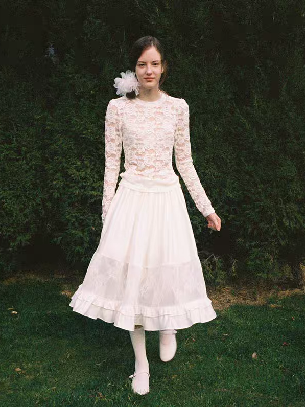 SOOMIE. Original Design White Lace Patchwork Puff Skirt