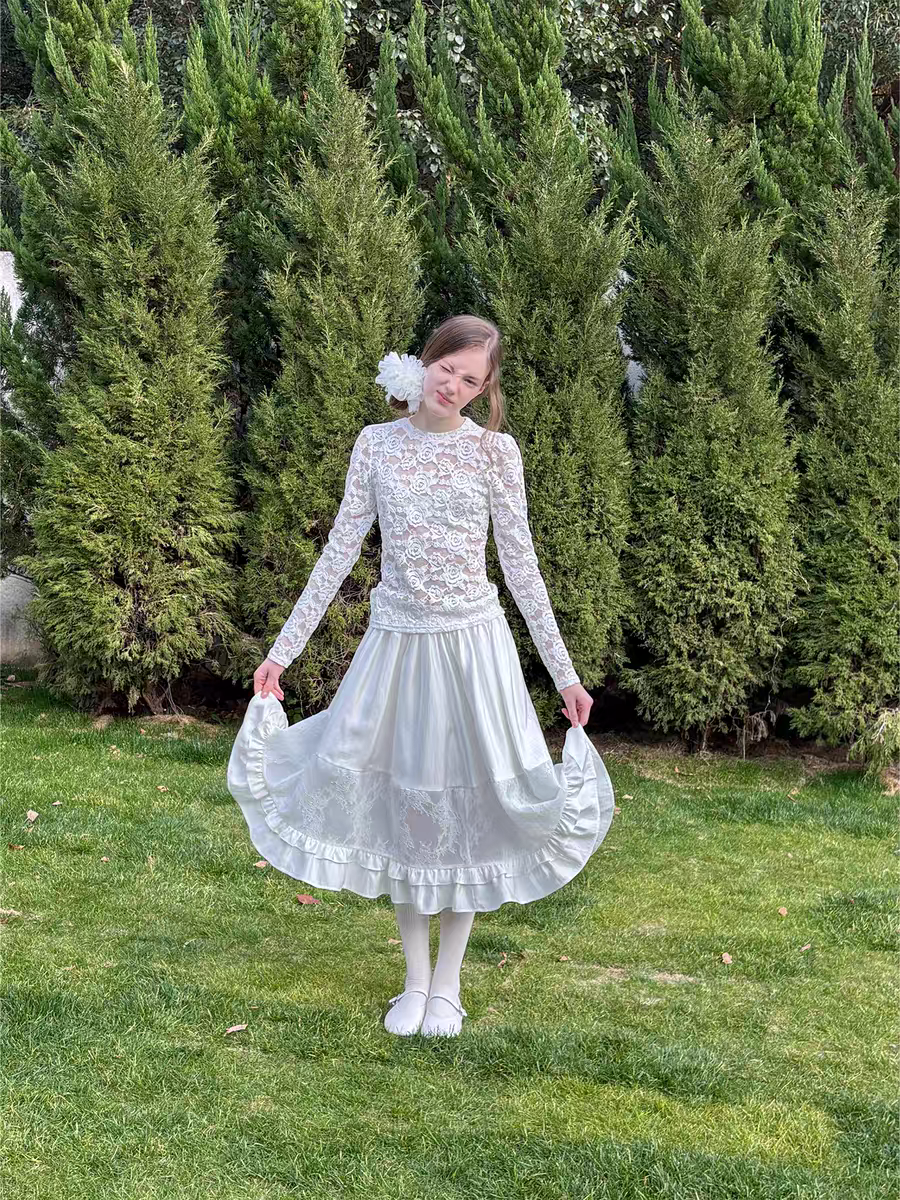 SOOMIE. Original Design White Lace Patchwork Puff Skirt