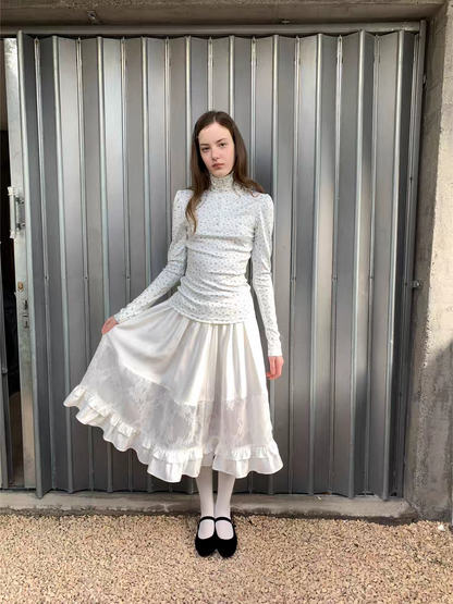 SOOMIE. Original Design White Lace Patchwork Puff Skirt