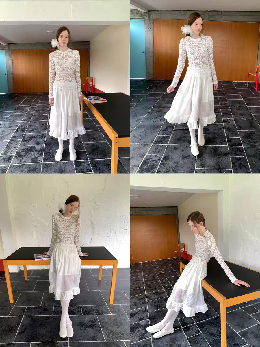 SOOMIE. Original Design White Lace Patchwork Puff Skirt