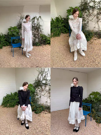 SOOMIE. Original Design White Lace Patchwork Puff Skirt