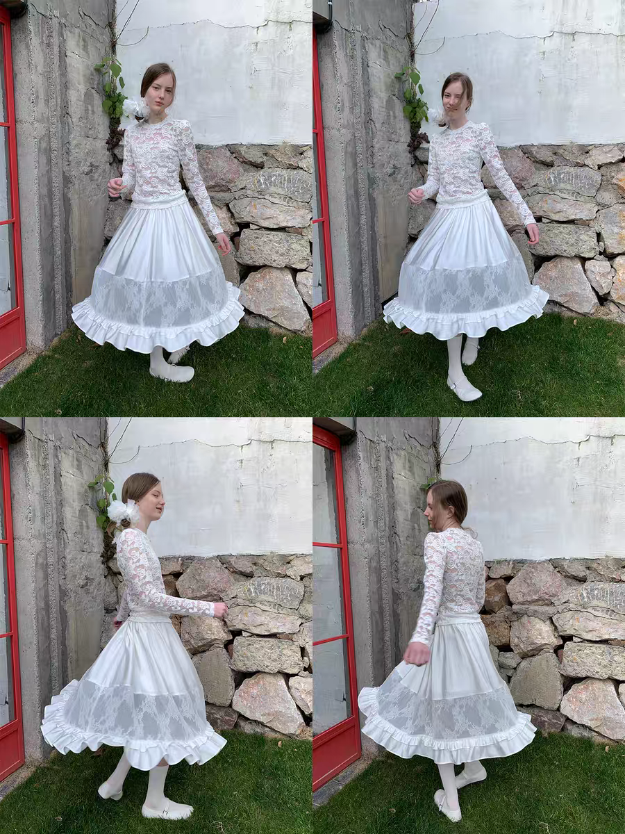 SOOMIE. Original Design White Lace Patchwork Puff Skirt