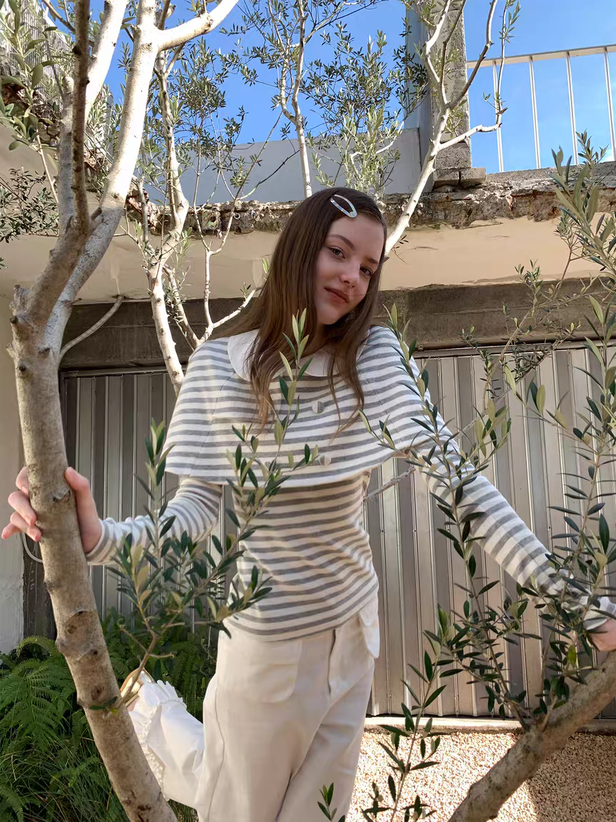 SOOMIE. Original Design Striped Cape Top with Peter Pan Collar