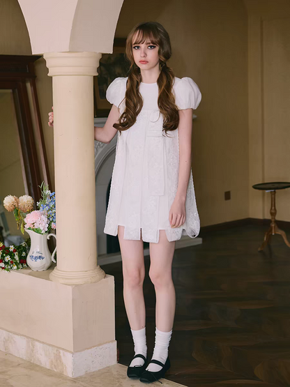 PER PEARL. Original Design Embroider Puff Sleeve Dress with Ribbon Details
