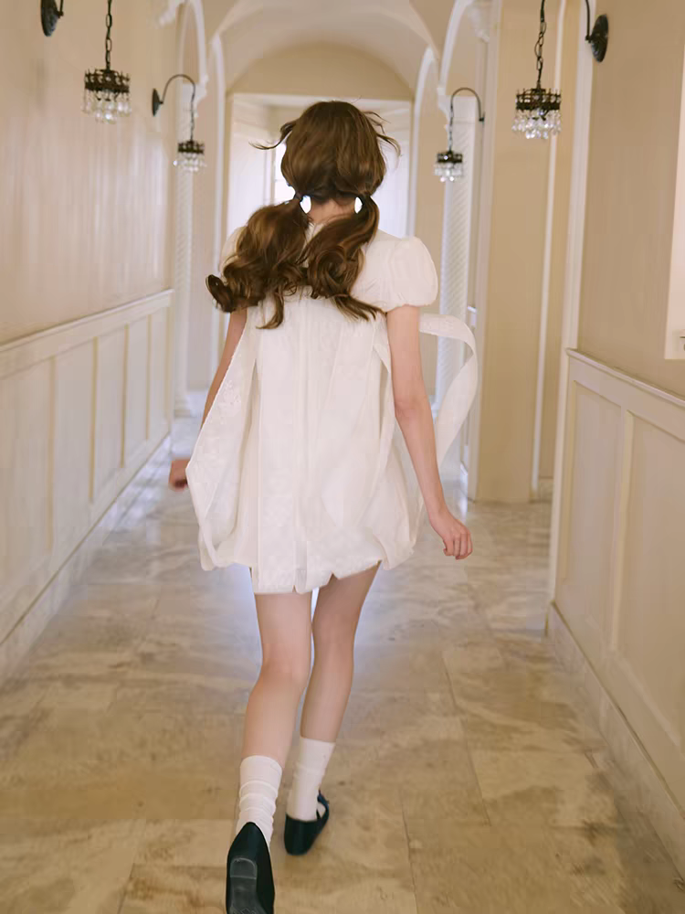 PER PEARL. Original Design Embroider Puff Sleeve Dress with Ribbon Details