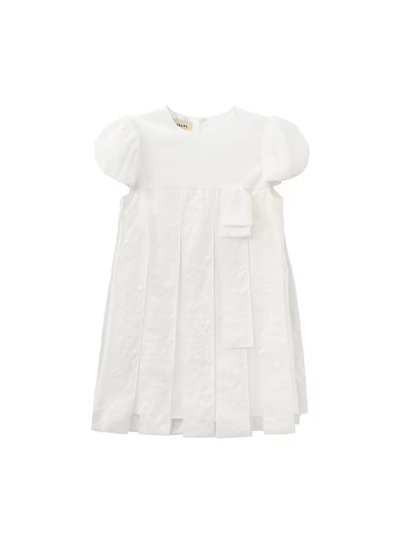 PER PEARL. Original Design Embroider Puff Sleeve Dress with Ribbon Details
