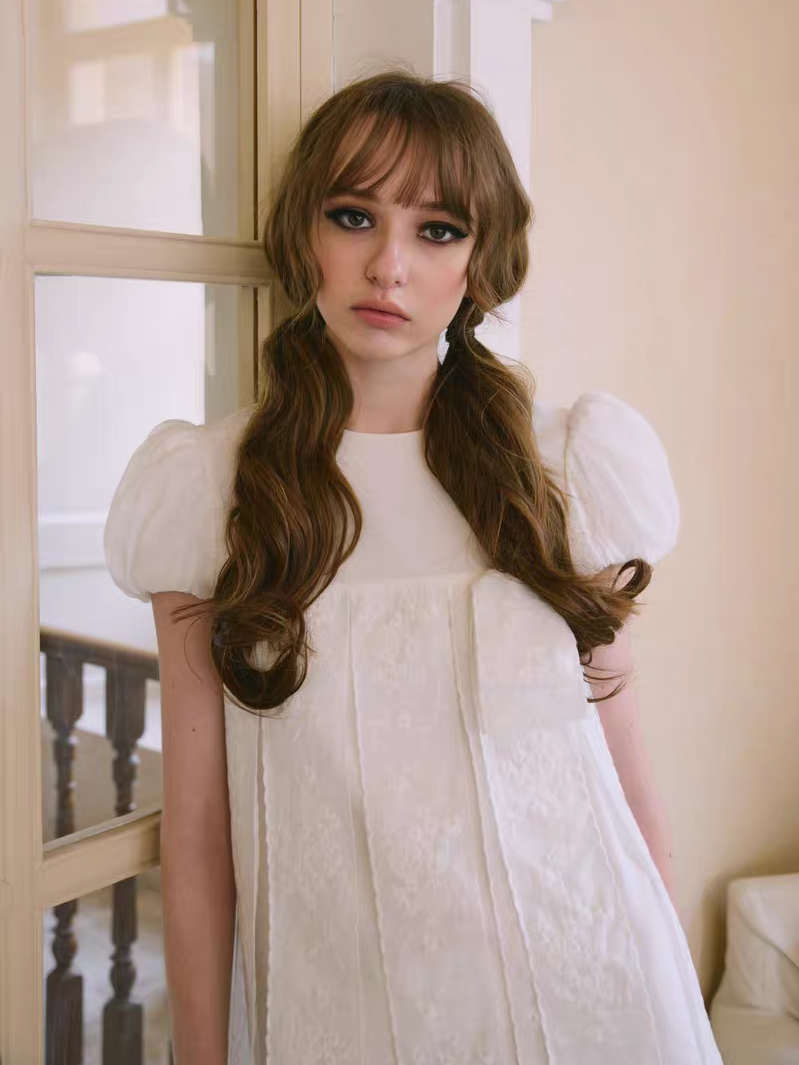 PER PEARL. Original Design Embroider Puff Sleeve Dress with Ribbon Details