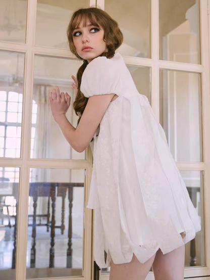 PER PEARL. Original Design Embroider Puff Sleeve Dress with Ribbon Details