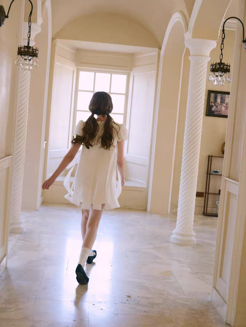 PER PEARL. Original Design Embroider Puff Sleeve Dress with Ribbon Details