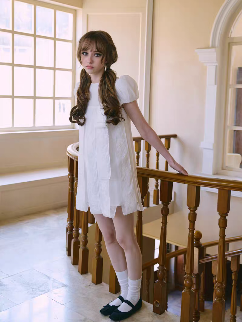 PER PEARL. Original Design Embroider Puff Sleeve Dress with Ribbon Details