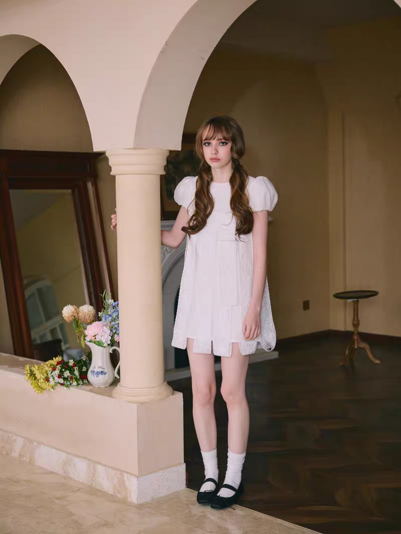 PER PEARL. Original Design Embroider Puff Sleeve Dress with Ribbon Details