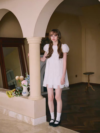 PER PEARL. Original Design Embroider Puff Sleeve Dress with Ribbon Details