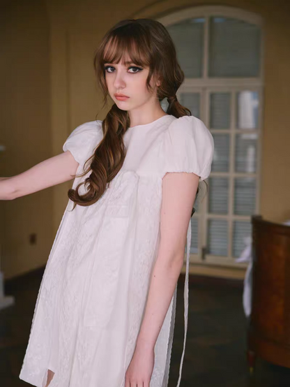 PER PEARL. Original Design Embroider Puff Sleeve Dress with Ribbon Details