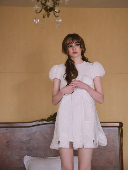 PER PEARL. Original Design Embroider Puff Sleeve Dress with Ribbon Details