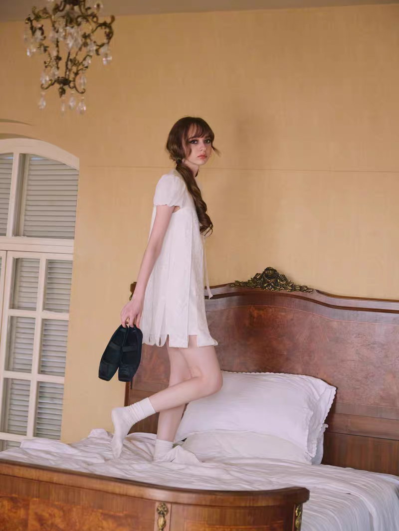 PER PEARL. Original Design Embroider Puff Sleeve Dress with Ribbon Details