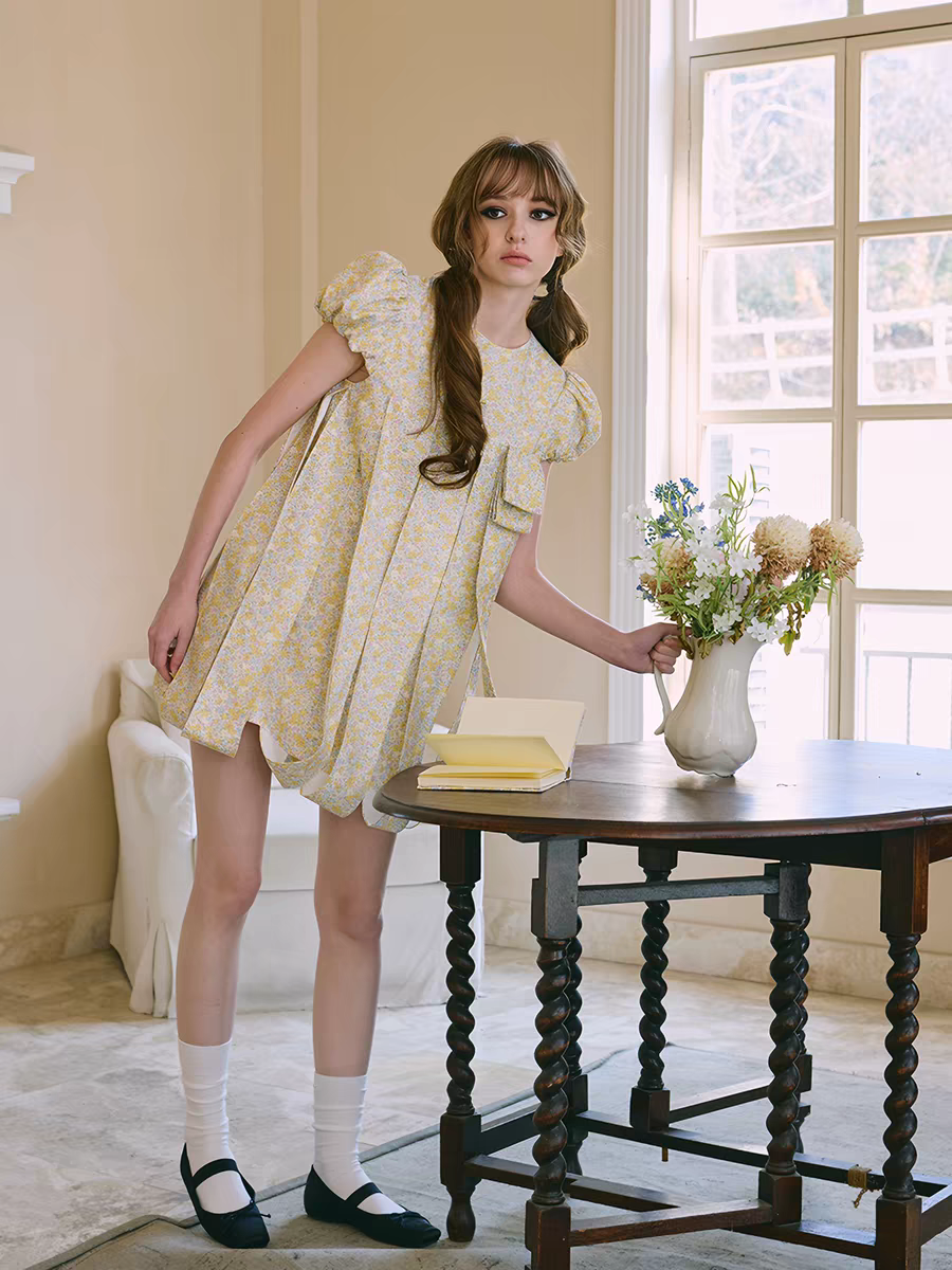 PER PEARL. Original Design Embroider Puff Sleeve Dress with Ribbon Details