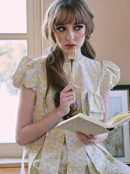 PER PEARL. Original Design Embroider Puff Sleeve Dress with Ribbon Details