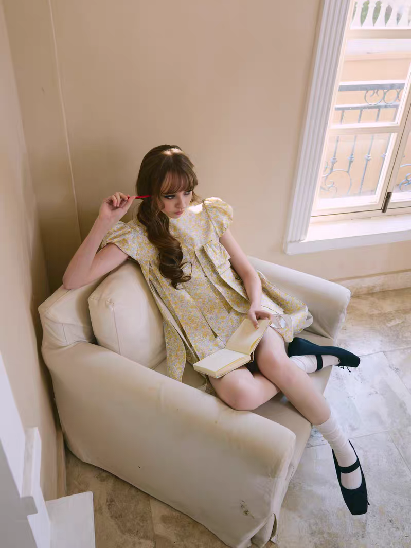 PER PEARL. Original Design Embroider Puff Sleeve Dress with Ribbon Details