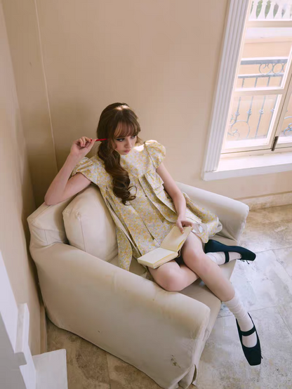 PER PEARL. Original Design Embroider Puff Sleeve Dress with Ribbon Details