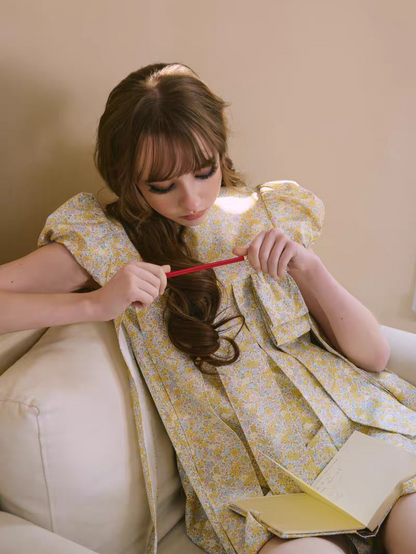 PER PEARL. Original Design Embroider Puff Sleeve Dress with Ribbon Details