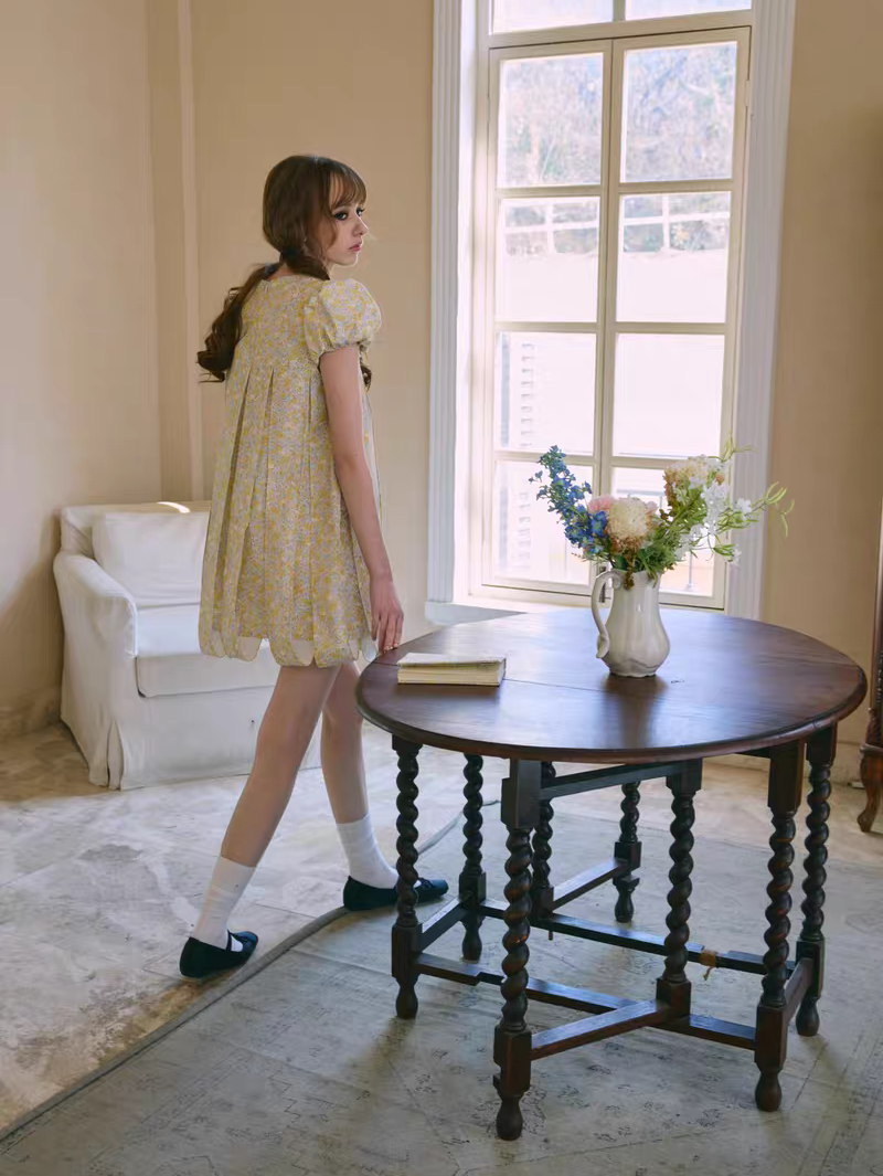 PER PEARL. Original Design Embroider Puff Sleeve Dress with Ribbon Details