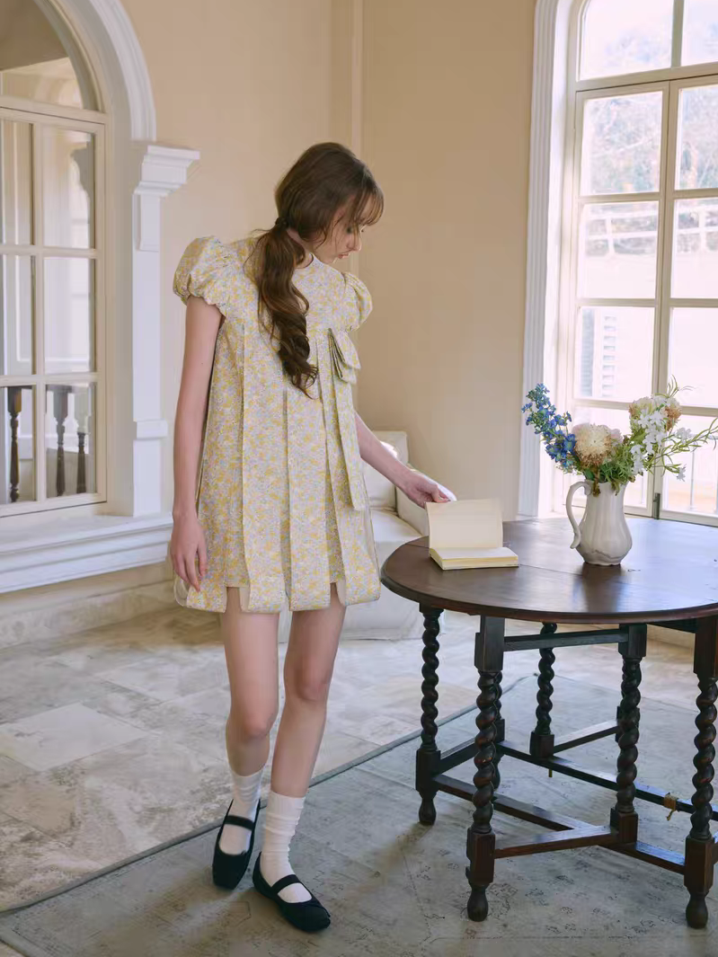 PER PEARL. Original Design Embroider Puff Sleeve Dress with Ribbon Details