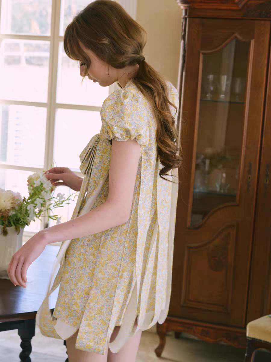 PER PEARL. Original Design Embroider Puff Sleeve Dress with Ribbon Details